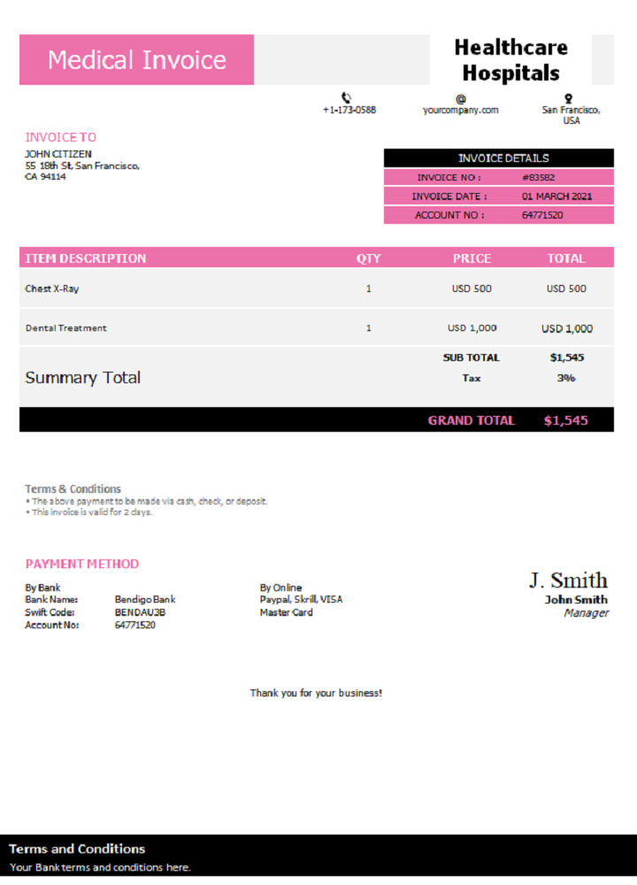 USA Healthcare Hospitals invoice PSD template